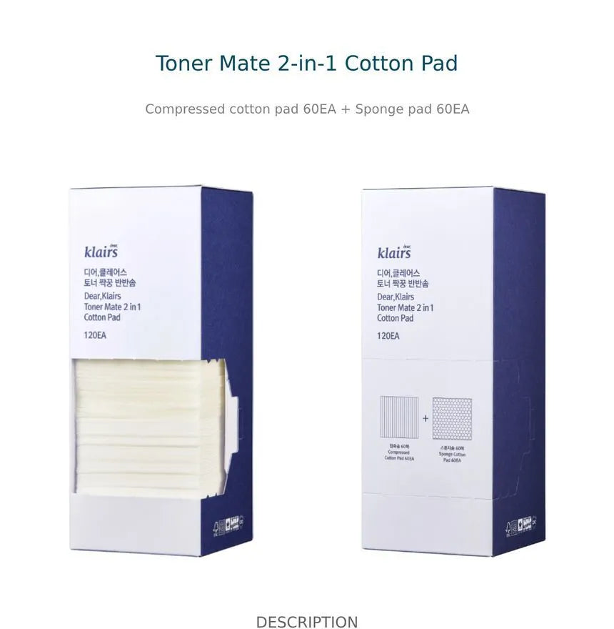 Dear, Klairs – Toner Mate 2 in 1 Cotton Pad (120 pcs)
